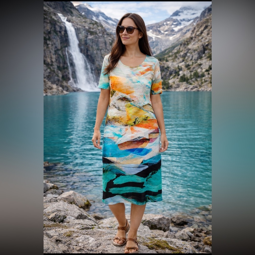 Michael Tyler Abstract Print Scoop Neck Multicolor Lined dress size L.